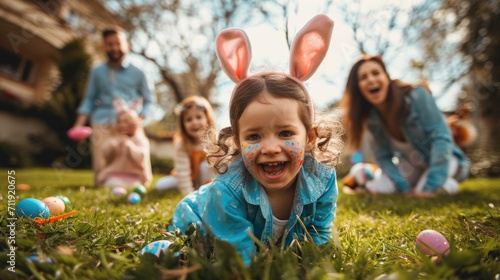 Joyful Child with Bunny Ears hunting easter eggs Outdoors photo