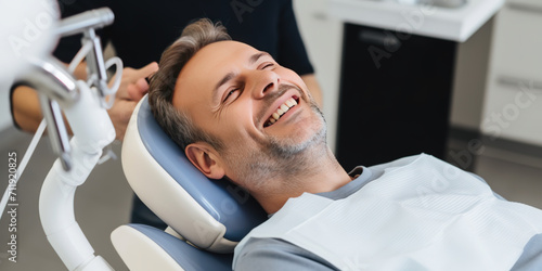 A photo of a handsome adult man client patient at a dental clinic. cleaning and repairing teeth at a dentist doctor. laying on the orthodontic dental chair photo