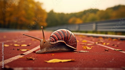 Illustration of a mischievous but persistent snail on an athletic track ready for the race