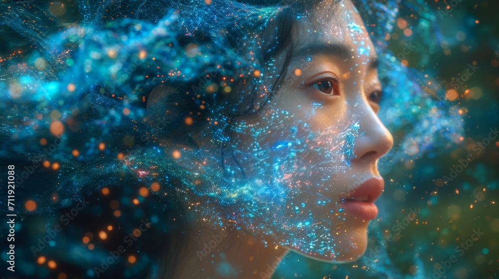 A person exploding with information from technology. A person exploding with information from technology.
