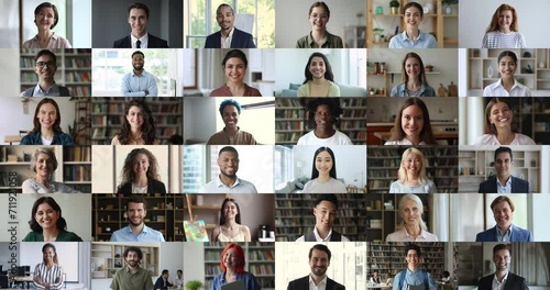 Diverse generation and race people smile look at camera stacked together, collage. Head shot portraits mature and young businesspeople, teen students and freelancers pose indoor, videocall webcam view photo