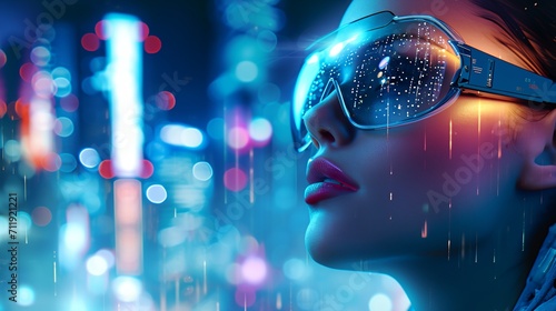 a woman wearing a pair of futuristic goggles in front of a cityscape at night