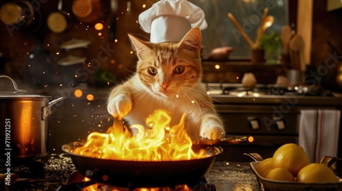 funny ginger cat in a chef's hat stirs a fiery pan in a cozy kitchen setting