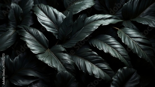 Textures of abstract black leaves for tropical leaf background. Flat lay, dark nature concept, tropical leaf generative ai