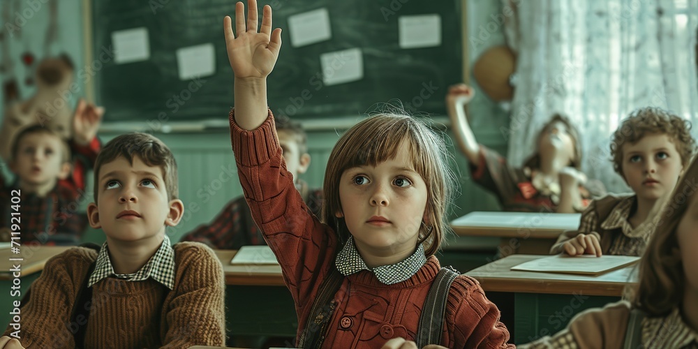 Fototapeta premium A boy in a school class, vintage style, from the 70s/80s, raises his hand to ask the teacher in front of his classmates.
