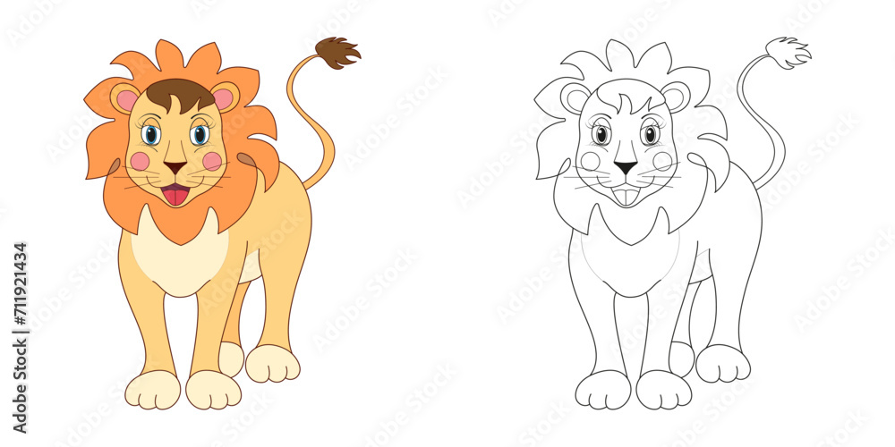Obraz premium Lion illustration line and color. Cartoon vector illustration for coloring book or page.