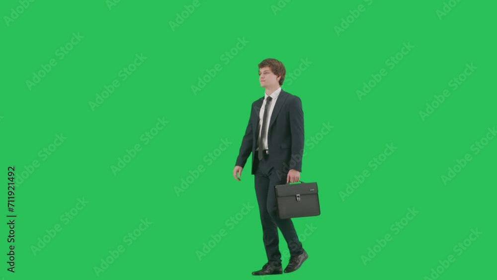 Portrait of male model in suit on chroma key green screen background. Side view, friendly businessman in trendy suit walking with briefcase. Portrait of male model in suit on chroma key green screen background. Side view, friendly businessman in trendy suit walking with briefcase.