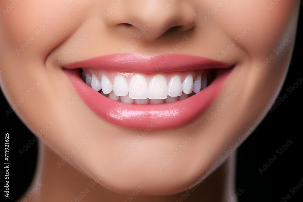 Fototapeta premium Closeup healthy white teeth and pink gum of a woman. Dental care and teeth whitening concept. Oral care dentistry. Beautiful smile. Perfect healthy teeth. Confident dental beauty.