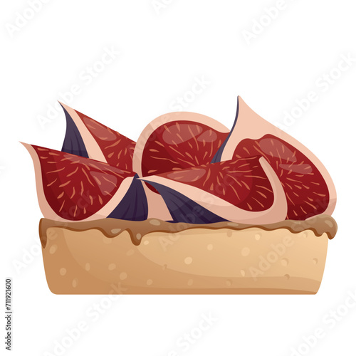 Caramel tart with fig fruits. Summer tropical fruits with dessert. Bakery, sweet food, dessert, pastry concept. Vector illustration for poster, banner, cover, card, postcard, menu.