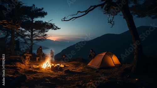 a group of people camping in the mountains at night