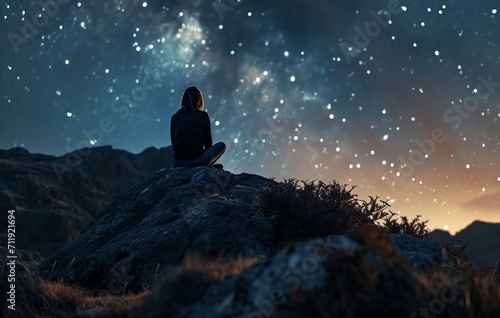 a person sitting on a rock looking at the stars © progressman