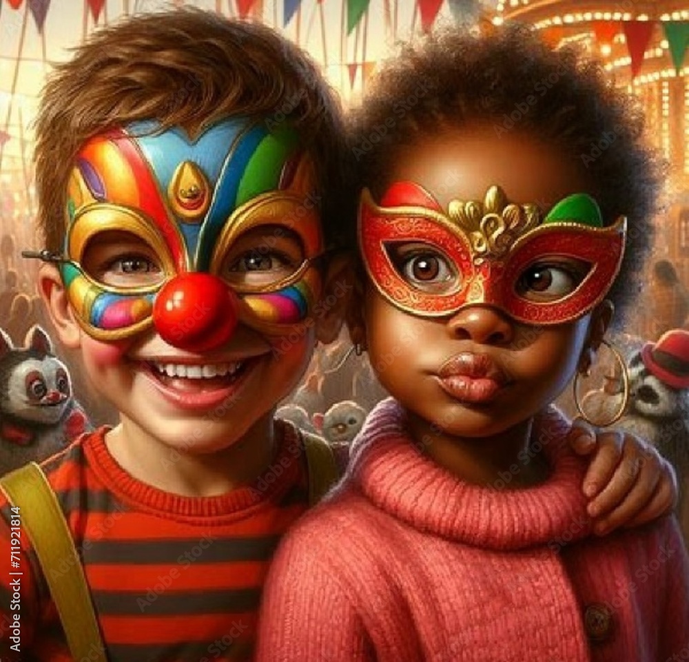 Happy Holiday: Children in Clown Masks and Caps