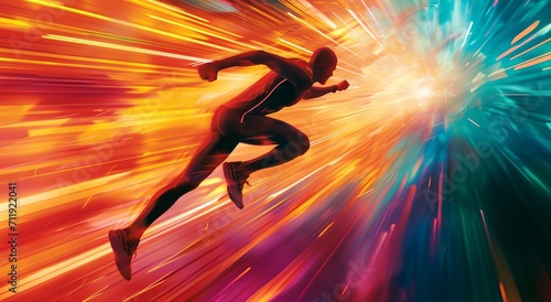 a man running through a colorful explosion of light