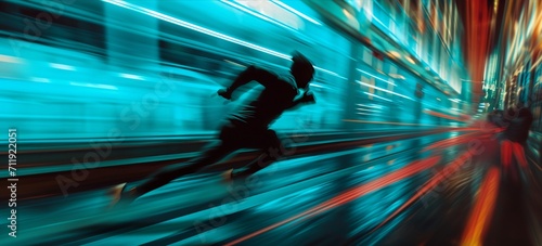 a man running through a tunnel of light photo