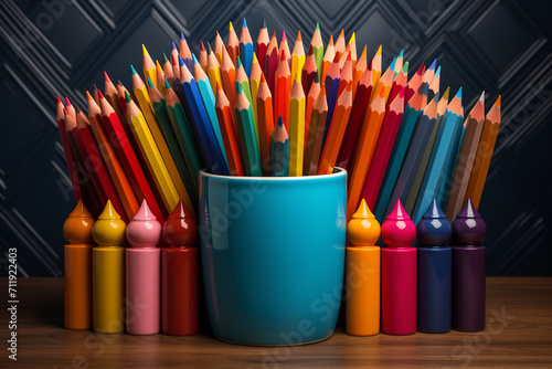Colorful pencils in a cup on a wooden table. 3d rendering