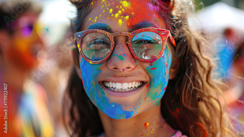 happy woman's face covered with Holi powder 