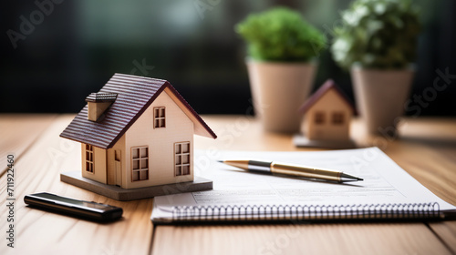 House model and pen on the table. Real estate agent services concept