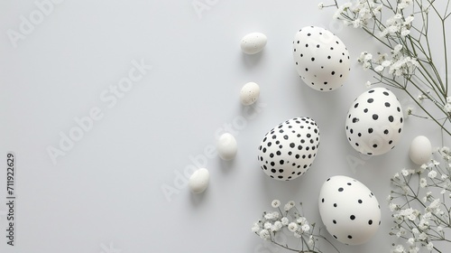Minimalist Easter eggs in monochrome designs  set against a white backdrop with delicate white flowers  designed for text placement. Sharp  clean details.
