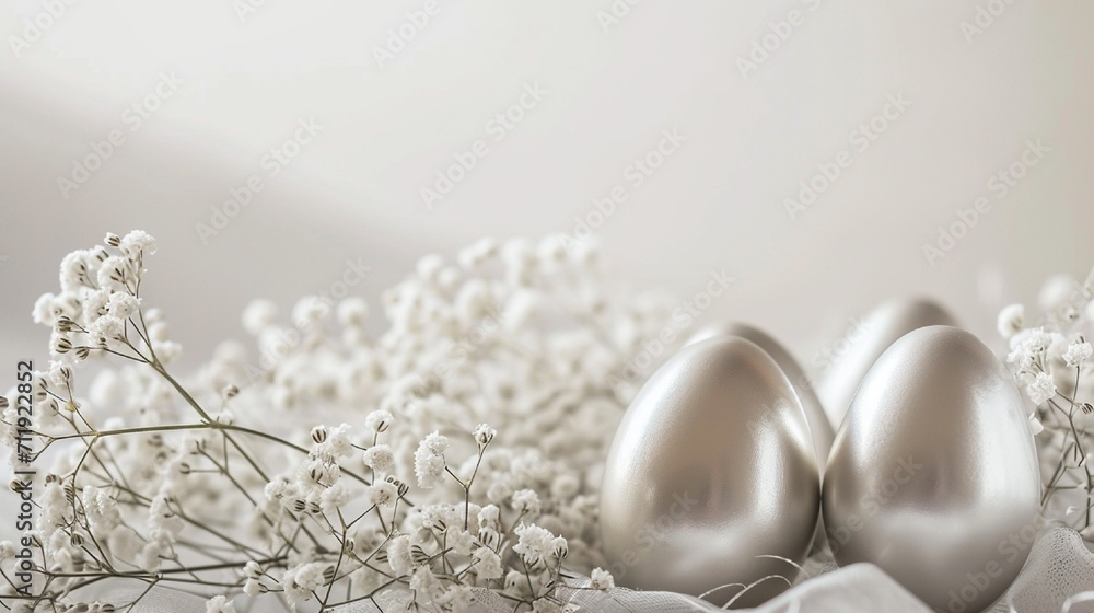 Minimalist yet luxurious Easter arrangement with sleek, platinum-coated eggs, set against a backdrop of delicate white baby's breath, with space for text. Minimalist yet luxurious Easter arrangement with sleek, platinum-coated eggs, set against a backdrop of delicate white baby's breath, with space for text.