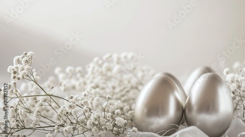 Minimalist yet luxurious Easter arrangement with sleek, platinum-coated eggs, set against a backdrop of delicate white baby's breath, with space for text.