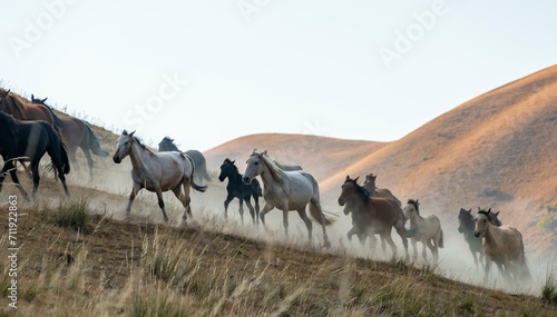 Herd of horses galloping over a hill, Kyrgyzstan, Asia