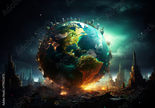 illustration of dramatic scenery about earth that being destruct by pollution #711922873