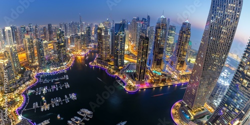 Dubai Marina Harbour Skyline Architecture Holiday Overview by Night Panorama in Dubai, United Arab Emirates, Asia photo