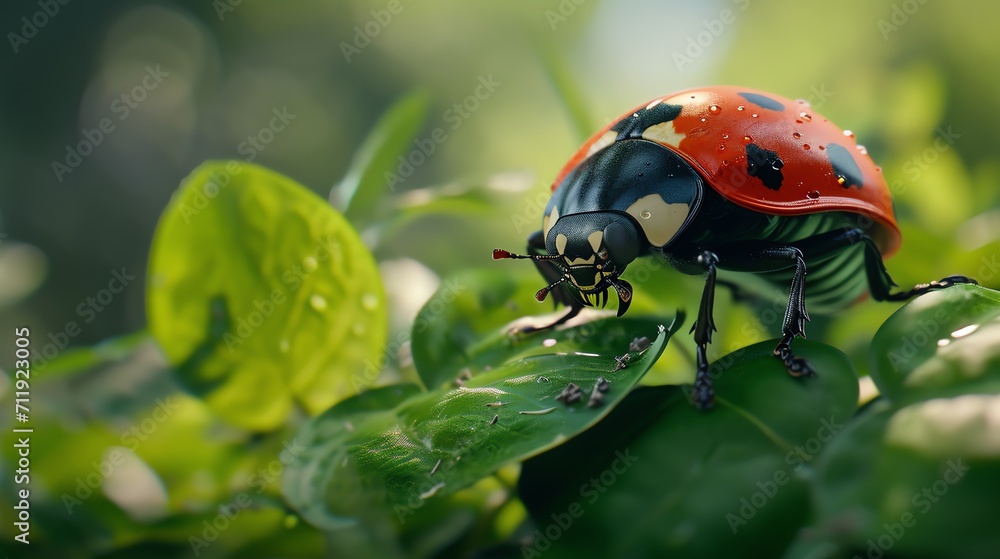 An illustration of  ladybug sitting on a leaf in the rainforest