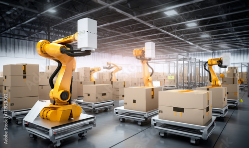 Robotic arms handle parcel logistics in a warehouse, demonstrating innovation and technological progress. Generative AI