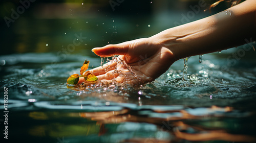 Closeup of woman's hand with a leaf in the water.