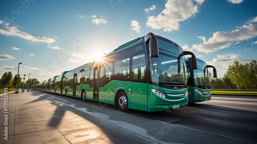 Green bus on the road with sun in the background. Travel concept
