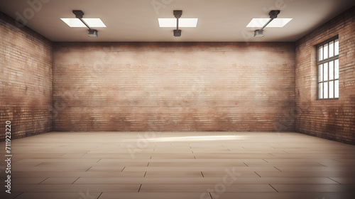 Large spacious empty room with brown brick walls.