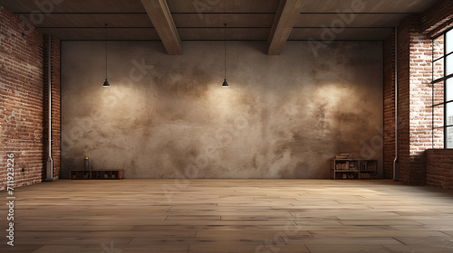 Large spacious empty room with brown brick walls.