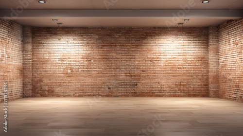 Large spacious empty room with brown brick walls.