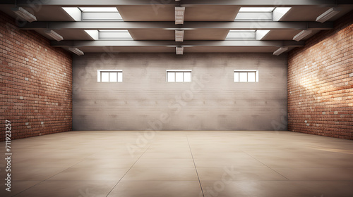 Large spacious empty room with brown brick walls.
