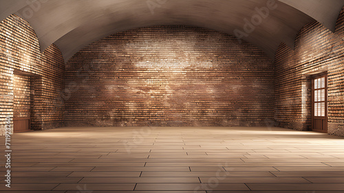 Large spacious empty room with brown brick walls.