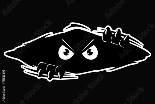 black and white illustration of the boogie man peaking out from black hole