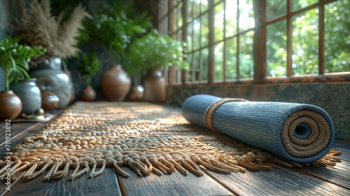 Empty yoga studio interior design, open space with mats.