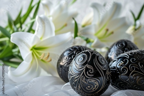 Sophisticated Easter tableau featuring glossy black eggs with art deco designs, set against a backdrop of stark white lilies, with a text area.