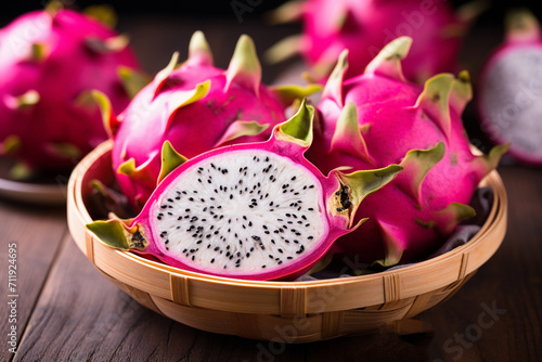 Dragon fruit fresh whole and cut. Generative AI.