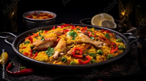 A creative close-up of a Chicken Paella served on a stylish plate, emphasizing the vibrant presentation and inviting aroma