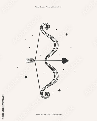 Cupid's bow shoots an arrow of love into the stars. Symbol of romantic love and wedding in linear style. Valentine's day vector illustration. Atribute of Amur - the god of love.