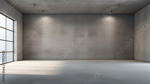 Large spacious empty room with gray concrete walls.