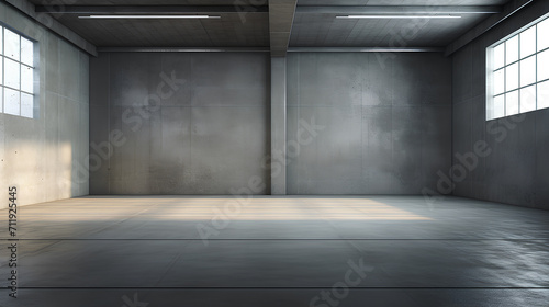 Large spacious empty room with gray concrete walls.