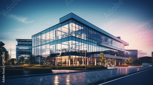 Modern office building with glass facade. Business and industrial concept. 3D Rendering