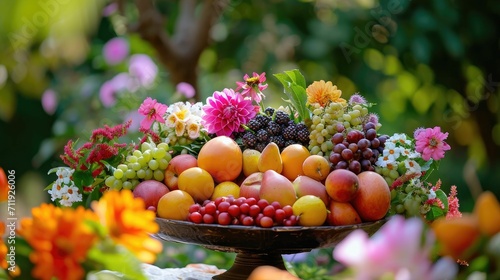 Juicy Delights - Ramadan Fruit Platter in a Serene Garden Setting