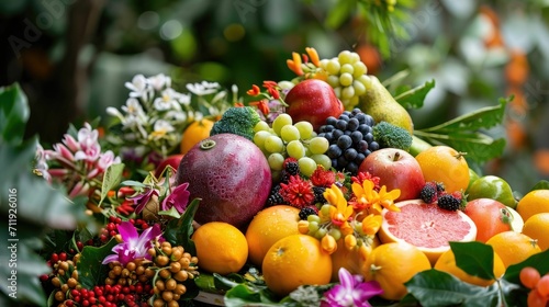 Juicy Delights - Ramadan Fruit Platter in a Serene Garden Setting