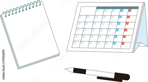 メモ帳とペンと卓上カレンダーのベクターイラスト