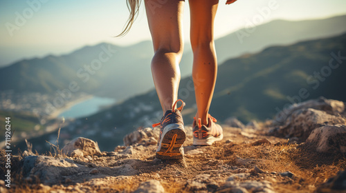 Young fitness woman trail runner running on seaside mountain peak during sunrise