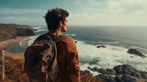 Handsome young man with a backpack standing on the edge of a cliff and looking at the ocean photo